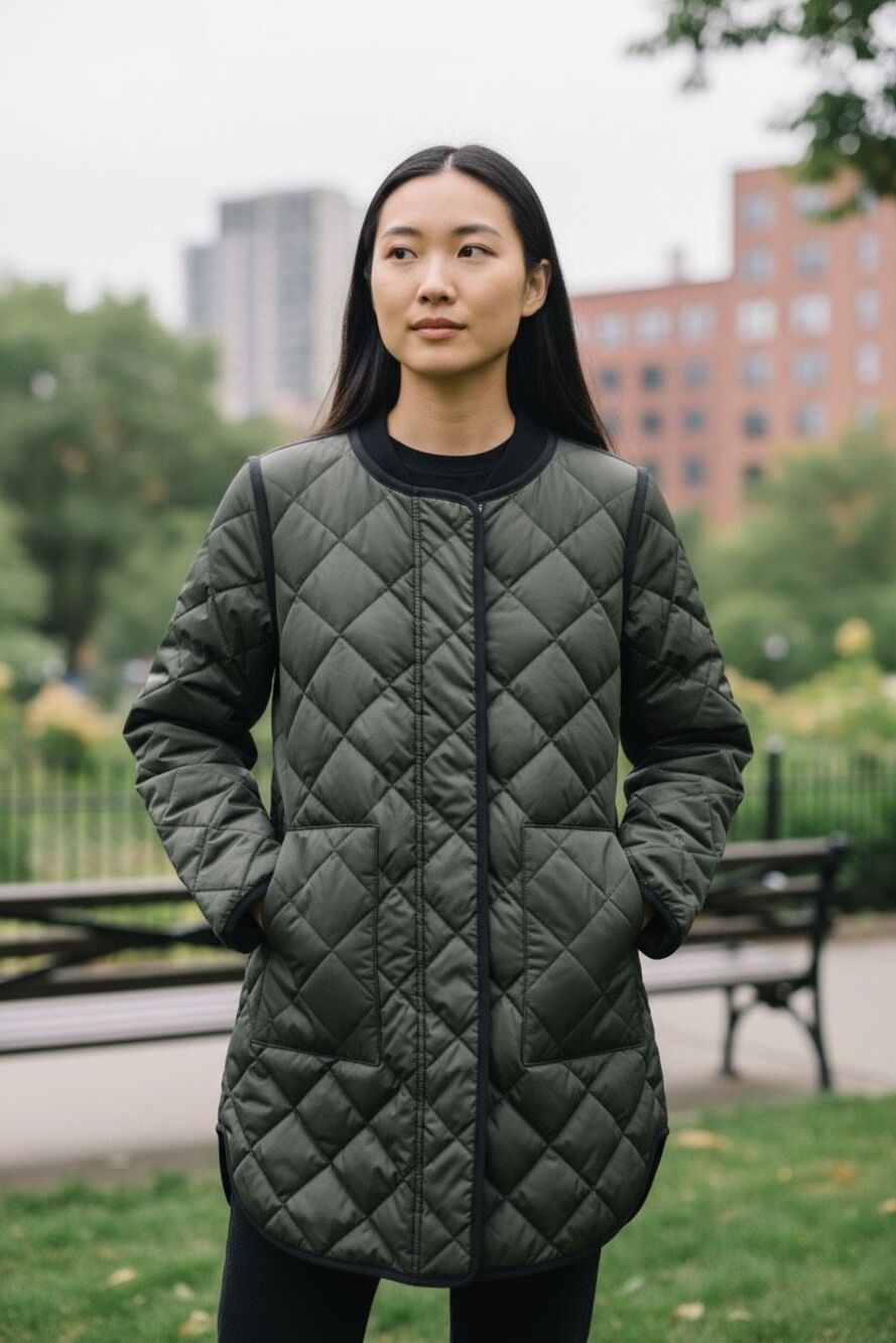 Theory Quilted Down Puffer Coat Olive Green Longline Jacket XS Petite